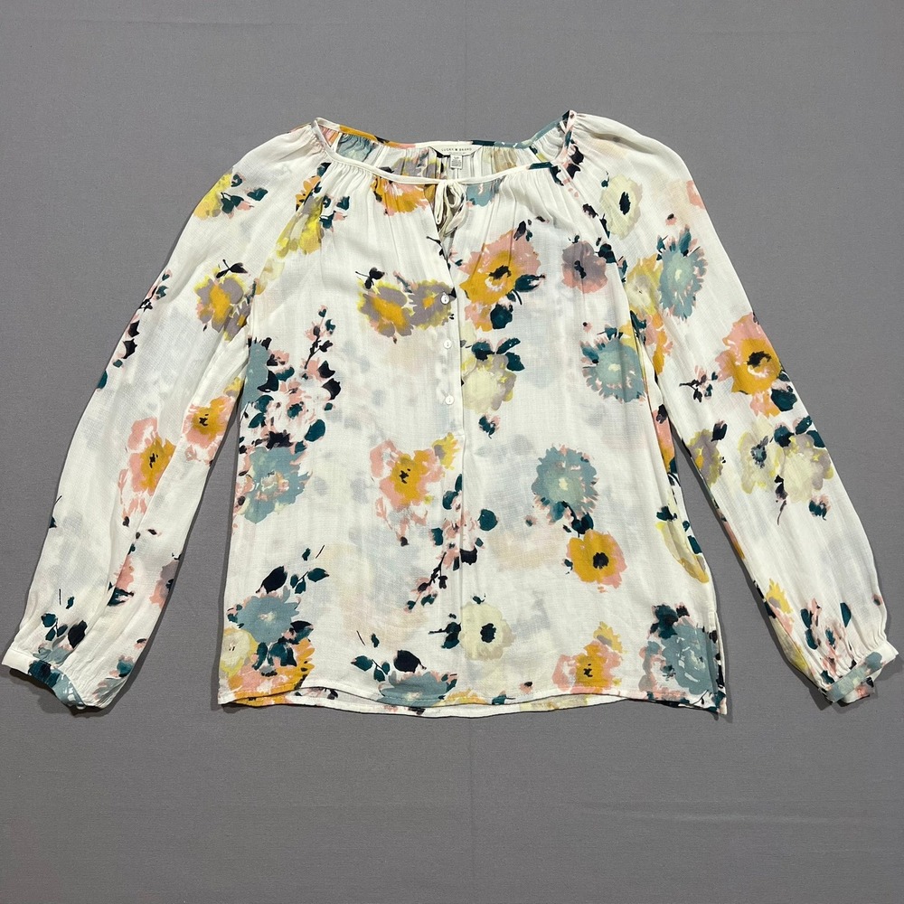 Lucky Brand Peasant Blouse Floral Watercolor Blossom Tie Neck White Womens Small